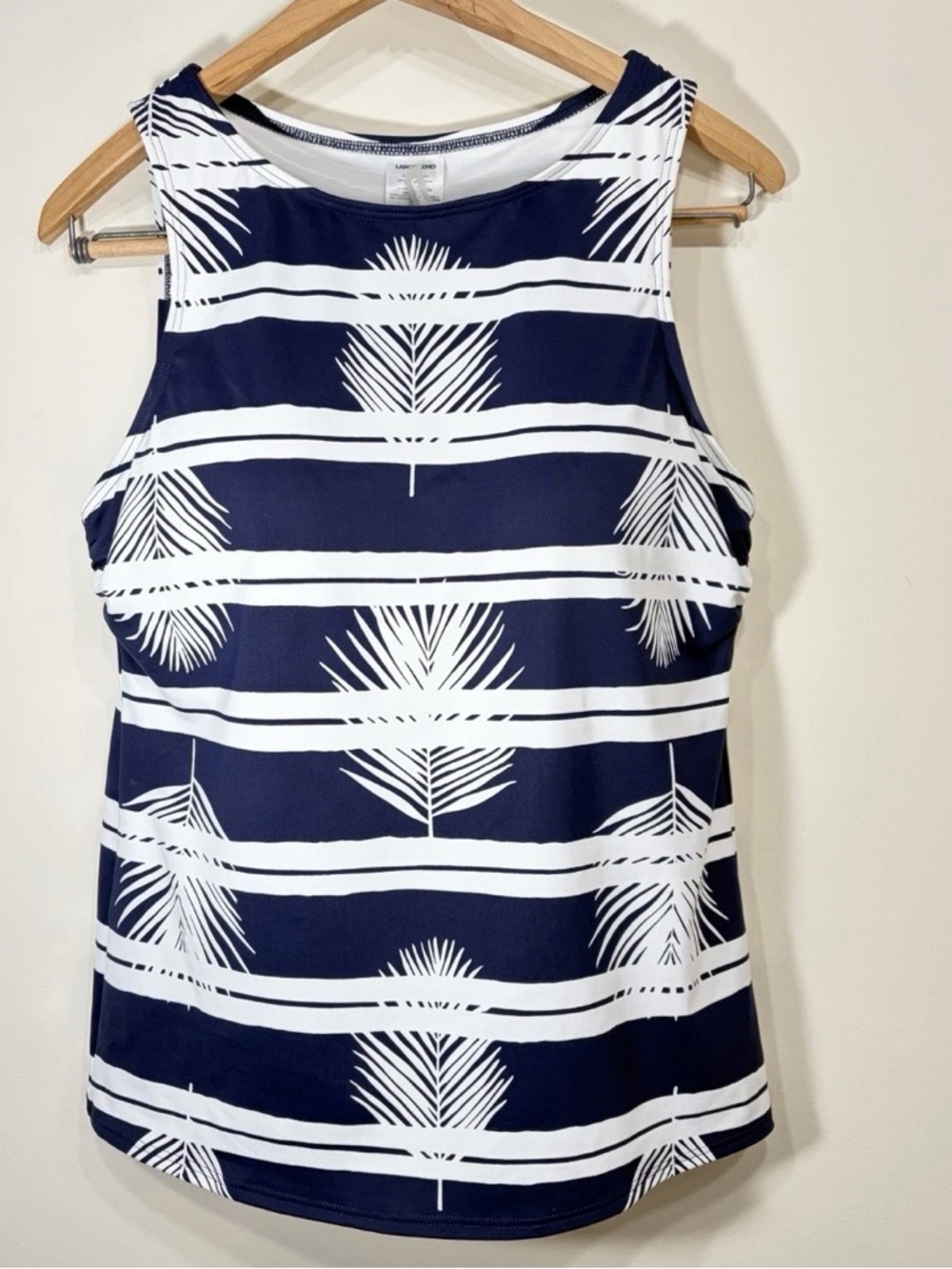 Lands End Womens High Neck Tankini Swim Top Blue White Striped Modest Size 12 DD